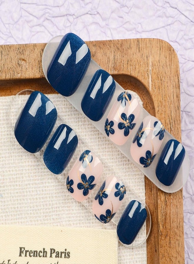 GRITOSE 24pcs Blue Press on Nail Short Square Fake Nails Glossy Spring with Floral designs Gold Stripe Stick on Nail Full Cover Acrylic False Nails Reusable Gel Glue on Nails for Women Summer Manicure - Image 5